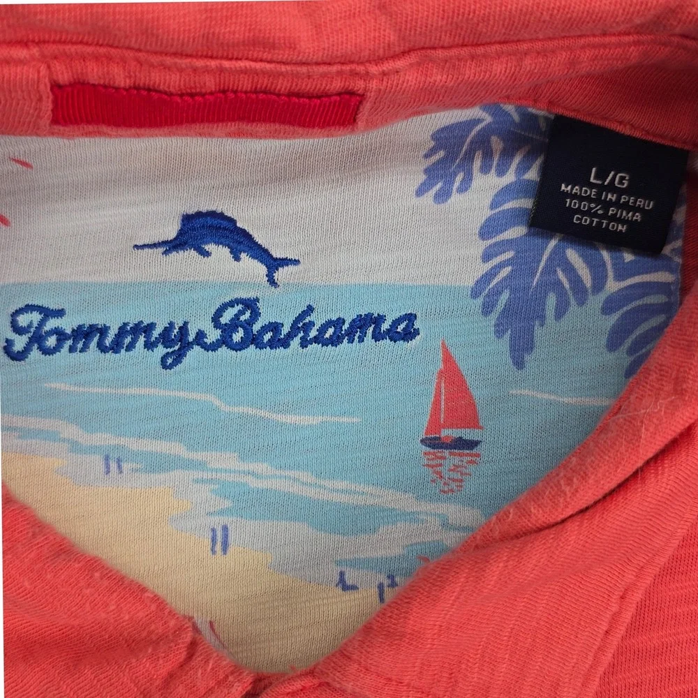 Tommy Bahama Emfielder Polo Mens Large Coral Pink 100% Pima Cotton Slub Texture